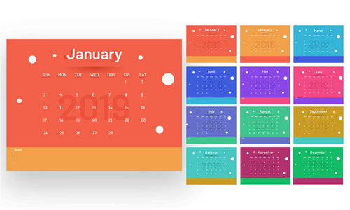 丰富多彩的2019年年度日历或组织者设计。