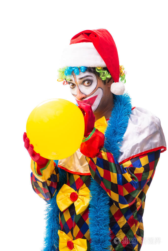 年轻的滑稽的小丑喜剧演员查出在白色