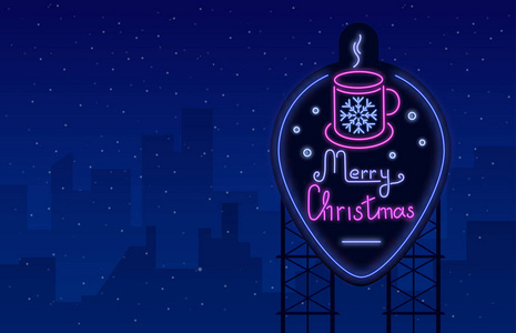 圣诞快乐, 霓虹灯闪亮的海报, 雪天喝着热饮