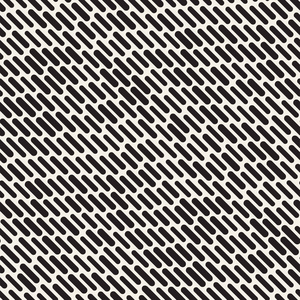 黑白不规则圆形虚线图案。现代抽象矢量无缝背景。时尚的混乱条纹马赛克