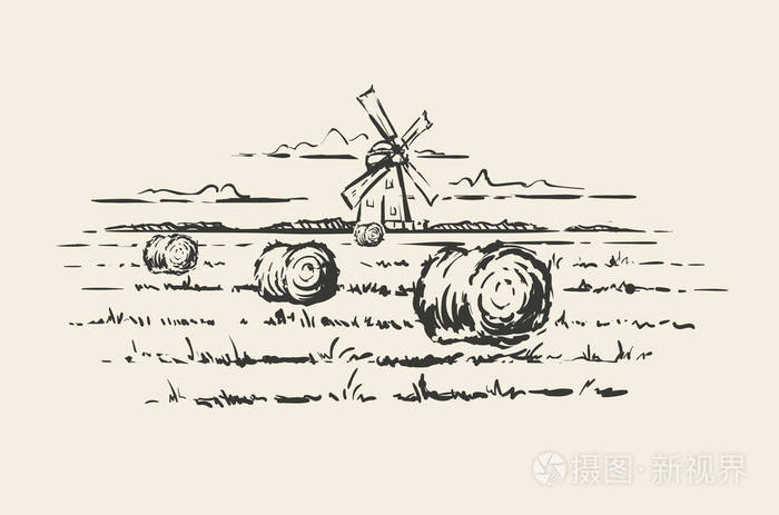 麦田背景手绘涂鸦磨坊插画-正版商用图片14edry-摄图新视界