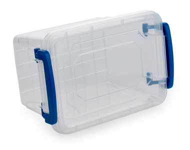 空塑料容器储存箱午餐盒与蓝色手柄隔离在白色背景。