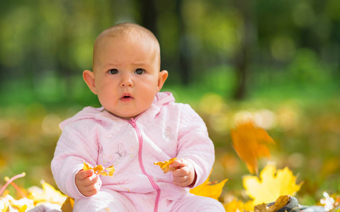 令人惊讶的是，小女孩坐在草地上，在公园里玩黄色的秋叶，盯着相机看