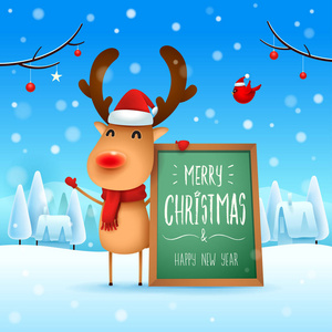 圣诞快乐 红色鼻驯鹿与留言板在圣诞节雪景冬季景观。