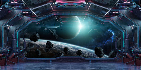 蓝色和粉红色宇宙飞船内部，可以看到遥远的行星系统，3D渲染元素，这幅图像由美国宇航局提供