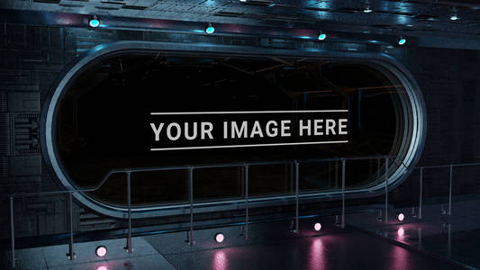 黑暗宇宙飞船内部，空间三维渲染大窗口视图