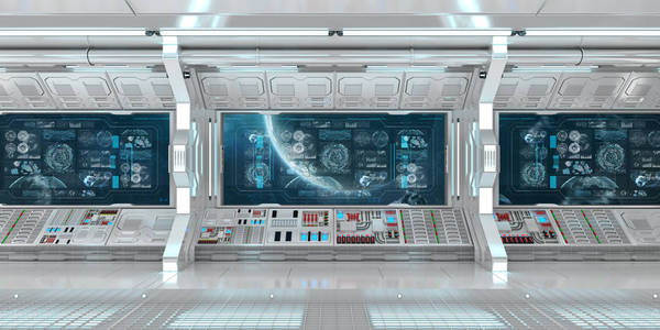 白色宇宙飞船内部空间与控制面板数字屏幕3d渲染照片