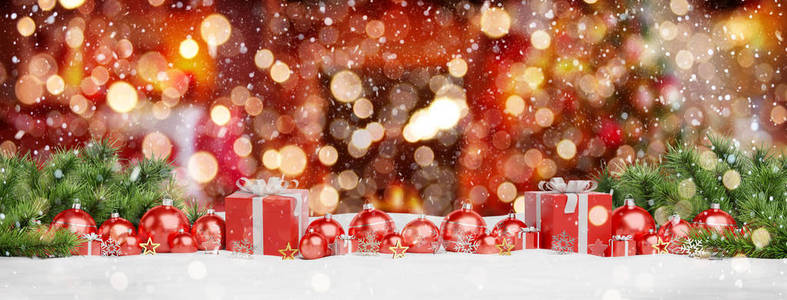 红色圣诞包和礼物排在红色背景3D渲染上