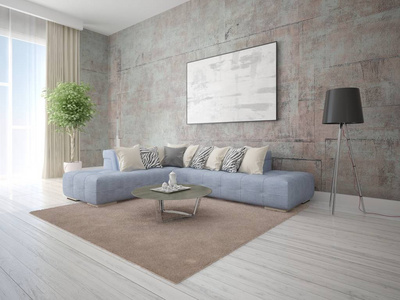 模拟时尚的客厅与舒适的沙发和现代时髦的背景。