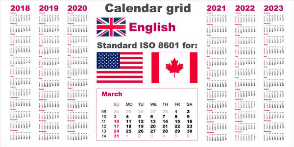 美国日历标准我们。2018年20192020202020市英语语言模式 2022 2022 周周日开始, usa