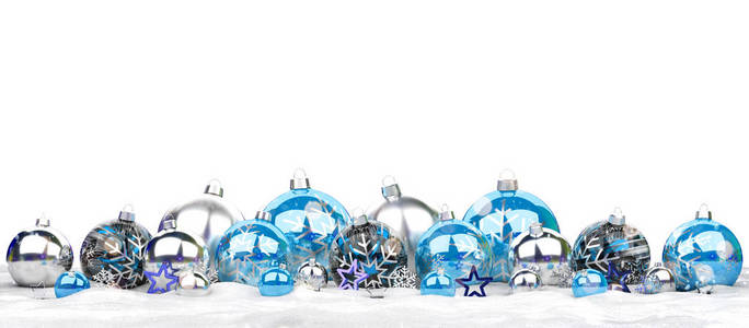 蓝色和银色圣诞鲍布被隔离在白色背景3D渲染上
