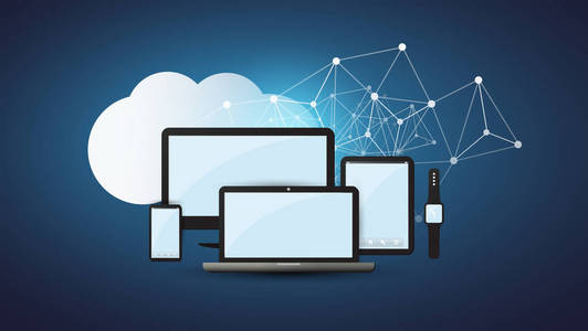 云计算设计概念数字连接, 带平板电脑的技术背景和网络网格