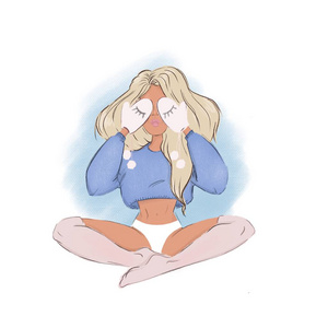 闭着眼睛的可爱女孩. 卡通插图.摄影图