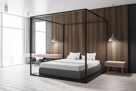 现代卧室的角落有深色的木制墙壁，木制地板，白色的主床，用镜子做桌子。 3D渲染