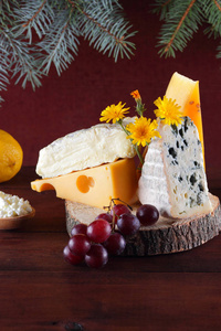 木制背景和圣诞树树枝上的奶酪品种。 瑞士奶酪DorbluCamembert和家庭干酪圣诞节。 乳制品柠檬葡萄和梨木板