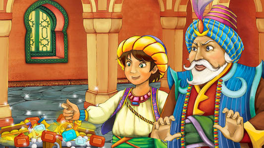 卡通场景，带有中世纪阿拉伯房间的珍宝和王子或国王远东装饰，舞台为儿童提供不同用途的插图