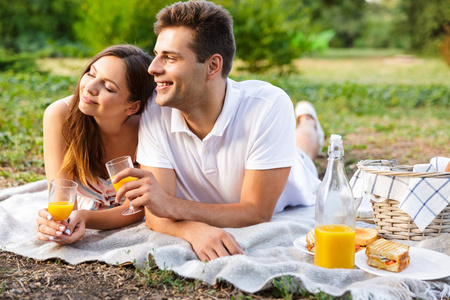 快乐的年轻夫妇一起在公园野餐，亲吻祝酒