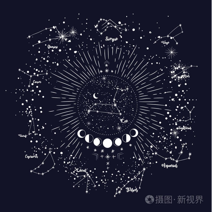 复古复古复古风格雕刻. 星座星座星座星矢量图示