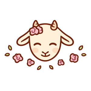 可爱的卡通小山羊脸和花。 卡瓦伊农场动物隔离剪辑艺术矢量插图。