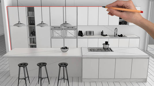 室内设计项目概念手绘定制建筑黑白墨水草图蓝图显示极简厨房与岛和吊灯顶部视图