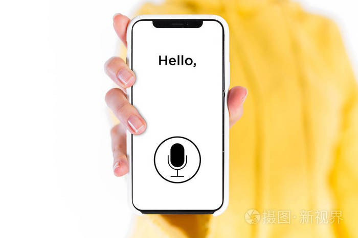 语音识别语音检测和深度学习概念. 手机屏幕上的应用.照片-正版商用图