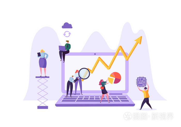 营销策略, 具有人物特征的分析分析笔记本电脑上的财务统计数据图表.