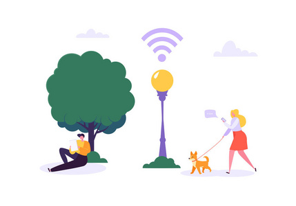 在公园里的 wifi 与步行的人使用智能手机和平板电脑。带有移动小工具的字符的社交网络概念。向量例证