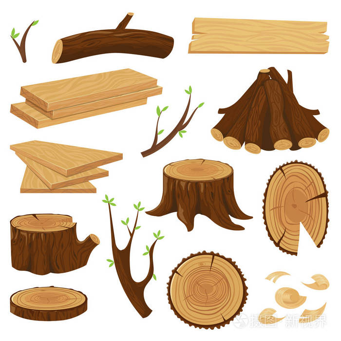 木材树干.堆叠的木柴,伐木树干和一堆木原木隔离向量集