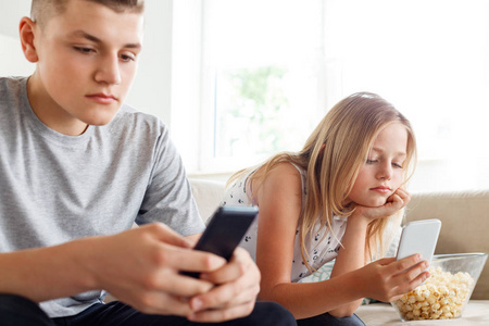 十几岁的男孩和妹妹坐在沙发上，用手机。