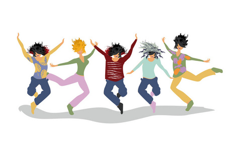 快乐的人跳跃。积极的休闲活动。彩色矢量插图。
