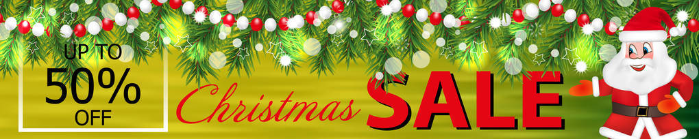 五颜六色的横幅圣诞销售与花环的圣诞树树枝和有趣的圣诞老人。矢量插图。