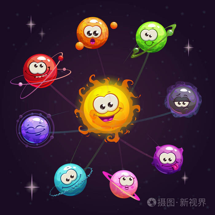 有趣的动画片幻想太阳系与五颜六色的行星和太阳字符在空间背景