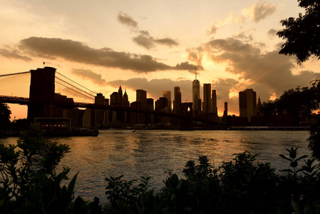 日落时的纽约城市景观。纽约市，曼哈顿下城的金融区，从布鲁克林大桥公园看到。