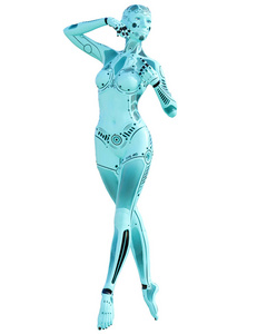 跳舞的机器人女人。金属蓝色机器人。人工智能。概念时尚艺术。真实的三维渲染插图。工作室，隔离，高键..