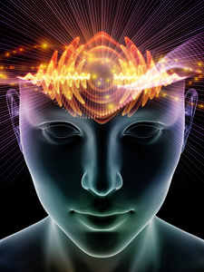 心灵电波系列。3D人体头部插图和技术符号的组成，适合作为意识大脑智力和人工智能项目的背景