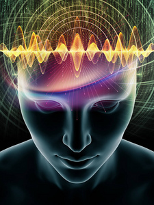 心理波动系列。 人脑和技术符号的三维插图的抽象组成，适用于与意识大脑智力和人工智能有关的项目