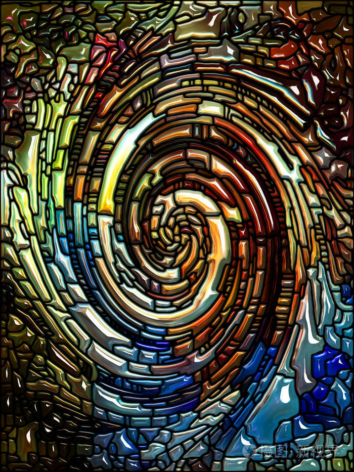 螺旋旋转系列。 彩色玻璃漩涡彩色碎片图案在彩色设计创意艺术和想象主题上的相互作用