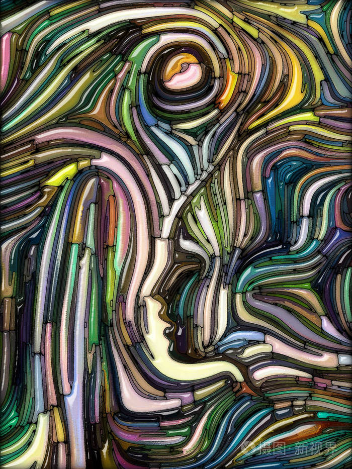 抽象的人脸元素和彩色彩色彩色玻璃图案在灵性,创造力,想象力和艺术