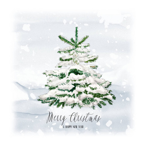 水彩圣诞树与兔子和雪。 最小优雅的假日设计模板。