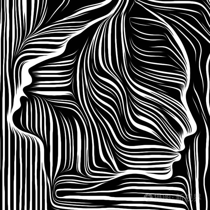 以传统木刻风格渲染的人脸设计,比喻人的灵魂,内部戏剧,艺术,诗歌和