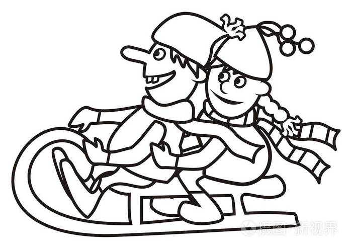 儿童和雪橇着色书矢量插图插画-正版商用图片14fcxn-摄图新视界
