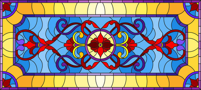 彩色玻璃风格的插图，抽象的花朵，叶子和卷曲在蓝色背景在框架水平方向。
