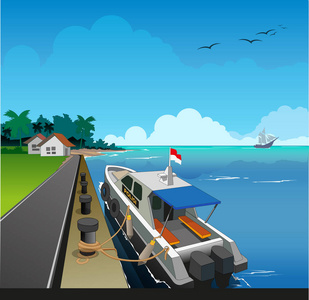 矢量插图港口大气与水警巡逻艇锚定.照片