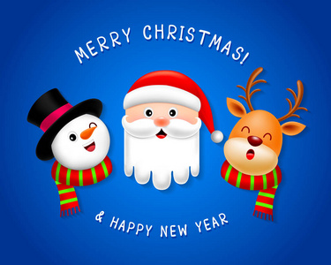 有趣的圣诞人物设计。 圣诞老人雪人和驯鹿。 圣诞快乐和新年快乐的概念。 在蓝色背景上隔离的插图。