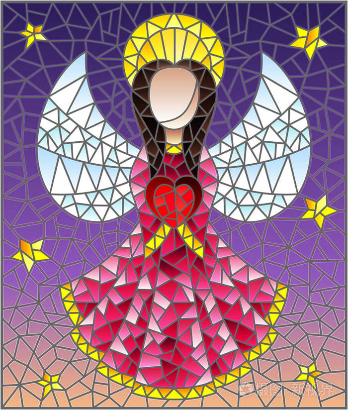 一个彩色玻璃窗中的抽象天使穿着粉红色长袍,双手捧着天空和星星的