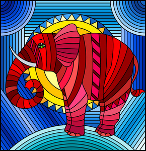 彩绘大象彩色玻璃风格的插图,红色大象在抽象的蓝色几何背景与太阳.