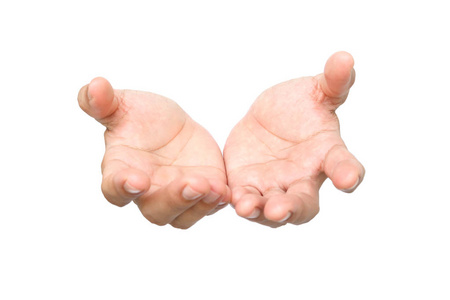 轮廓图形样式手的人符号打开或给予白色背景.手势打开手掌.