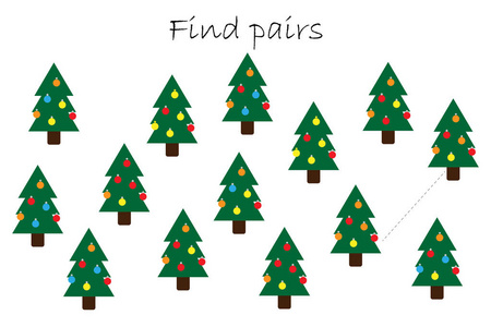 寻找一对相同的图片,有趣的教育游戏与圣诞树,为儿童学前工作表活动