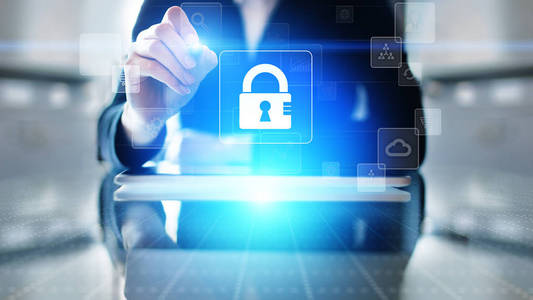 网络安全个人数据保护信息隐私。虚拟屏幕上的挂锁图标。技术理念