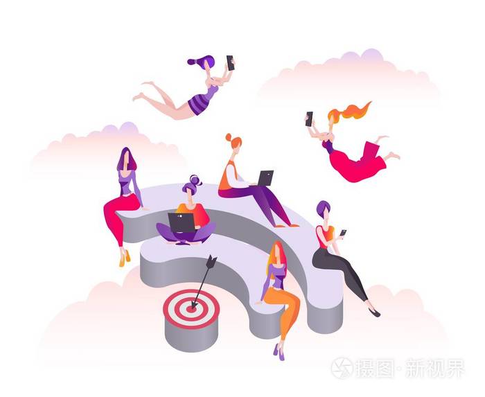 女性坐在3d讲台上 以wifi的形式站立 公共免费wifi热点区域 白色背景下的现代平面矢量插图插画 正版商用图片14fi1o 摄图新视界